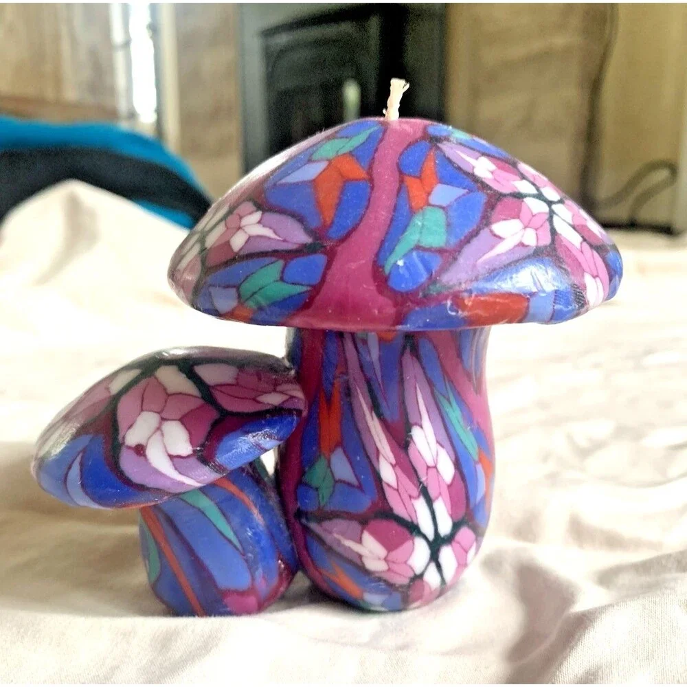 Vintage Mushroom Shaped Candle Mosiac Stained Glass Milleflori Hippie Boho 4